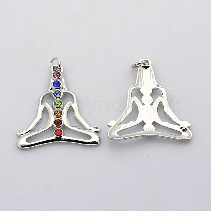 Yoga Jewelry Colorful Human Brass Glass Rhinestone Chakra Pendants KK-N0054-01-1