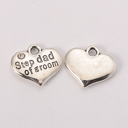 Wedding Theme Antique Silver Tone Tibetan Style Alloy Heart with Step Dad of Groom Rhinestone Charms X-TIBEP-N005-23C-1
